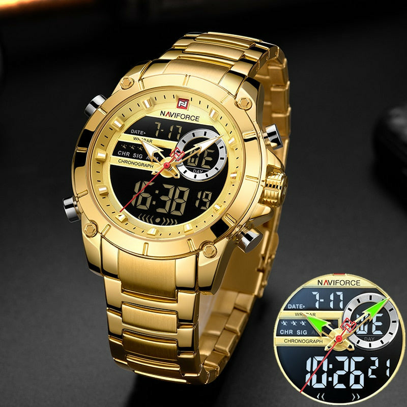 Men Sports Wrist Watch Gold Waterproof Dual Display Male Clock Watches