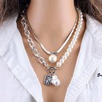 Fashion 2 Layers Pearls Geometric Pendants Necklaces Women Designer Gold Jewelry