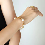 Freshwater Pearl Bracelet for Women in Gold-Tone Titanium Steel Chain