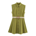 Flip Collar Sleeveless Waistband Dress with Button Detail for Women