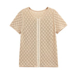 Short Sleeve Knitted Top with Round Neck and Metal Buckle Texture – Women