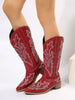 Women's PU Leather Geometric Embroidered Pointed Toe Western Boots