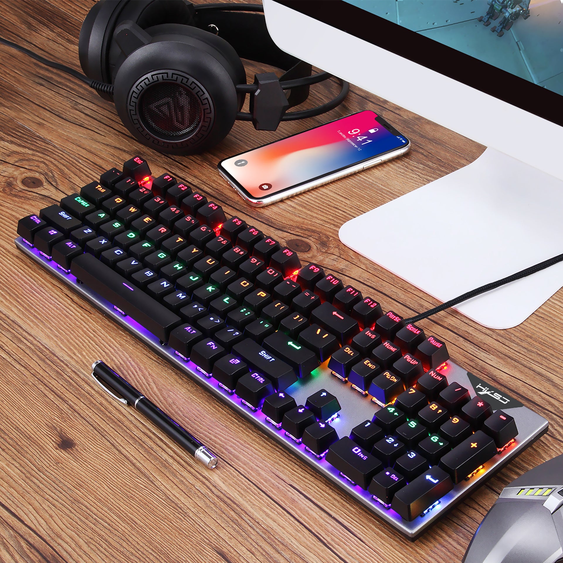 RGB Luminous Esport Mechanical Keyboard Wired 104-Key Blue Axis Design ...