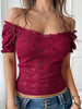 Women’s One-Shoulder Lace Slim Top with Hollow-Out Design and Navel Exposure for Evening Wear