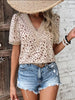 Women’s Casual Solid Color V-Neck Blouse with Lace Accent and Loose Fit