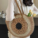 Round Straw Woven Beach Bag With Hollow Paper Rope Design And Shoulder Strap