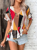 Geometric Pattern Printed V-Neck Short Sleeve Blouse For Women’s Smart-Casual Looks