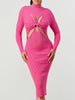 Women's Knit Dress Slim Half High Collar Long Sleeve Cross Knot Mid-Calf Dresses