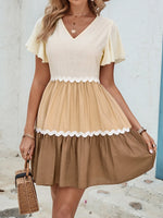 Women's Color Block V-Neck Mini Dress with Flutter Sleeves for Casual Summer Outings