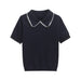 Women's Short Sleeve Knit Top with Lace Collar Embellishment