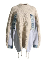 Women's Denim Stitched Irregular Knitted Sweater Pullovers Loose Long Winter Tops