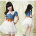 Baby Girls Kids Princess Denim Tulle Dress Stitching Bow Belt Dress