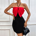 Women's Bow Contrast V-Neck Halter Mini Dress – Slim Fit