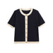 Round Neck Button-Up Short Sleeve Knit Sweater with Contrast Trim for Women
