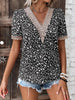 Women’s Casual Solid Color V-Neck Blouse with Lace Accent and Loose Fit