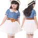 Baby Girls Kids Princess Denim Tulle Dress Stitching Bow Belt Dress