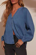 Plunge Button-Up Denim Top With Long Sleeves For Women’s Fashionwear