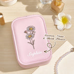 Personalized PU Leather Birth Flower Jewelry Box with LED Mirror – Birthday Gift for Her