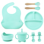 Premium Eight-Piece Silicone Bibs and Dinner Set for Babies with Suction Cup Bowl and Divided Plate