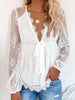 Long Sleeve Lace Embroidery Bow Tie Blouse For Elegant Feminine Dressing