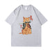 Anime Cat Printed Short Sleeve Loose Fit T-Shirt for Casual Wear