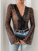 Lace Trim Leopard Print V-Neck Bodysuit For Women With Sultry Fit