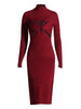 Women's Knit Dress Slim Half High Collar Long Sleeve Cross Knot Mid-Calf Dresses