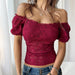 Women’s One-Shoulder Lace Slim Top with Hollow-Out Design and Navel Exposure for Evening Wear
