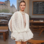 rench Mesh Ruffle Long Sleeve Dress for Women