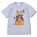 Summer Casual Round Neck Short Sleeve T-Shirt with Cute Printed Cat Design