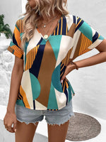 Geometric Pattern Printed V-Neck Short Sleeve Blouse For Women’s Smart-Casual Looks
