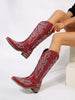 Women's PU Leather Geometric Embroidered Pointed Toe Western Boots