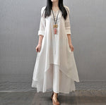Fake Two-Piece Long Skirt Large Hem Linen Dress Loose Long Sleeved Cotton Dress