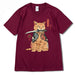 Summer Casual Round Neck Short Sleeve T-Shirt with Cute Printed Cat Design