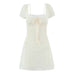 Women's Lace Bubble Sleeve A-Line Mini Dress – Beige Cotton