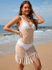 Women's Beachwear Tassel Crochet Cover-Up Top with Spaghetti Straps in Solid Color Design