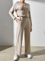 Women's Fashion Long Sleeve Half Button Top and Matching Pants Set
