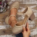 Retro Hollowed-Out Mid-Heeled Sandals with Buckle Closure