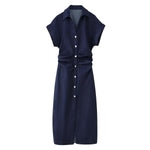 Women’s Denim Short Sleeve Pleated Mini Dress with Casual Shirt Collar Style