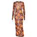 Elegant Mesh Sheer Print O-Neck Longsleeve Women Side Split Midi Dress