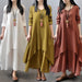 Fake Two-Piece Long Skirt Large Hem Linen Dress Loose Long Sleeved Cotton Dress