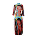 Women Pleats 2-Piece Set Abstract Figure Print Long-Sleeved Top Skirt Set