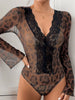Lace Trim Leopard Print V-Neck Bodysuit For Women With Sultry Fit
