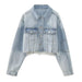 Denim Crop Jacket Women's Vintage Long Sleeve Front Button Chic Coat