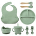 Premium Eight-Piece Silicone Bibs and Dinner Set for Babies with Suction Cup Bowl and Divided Plate