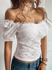 Women’s One-Shoulder Lace Slim Top with Hollow-Out Design and Navel Exposure for Evening Wear