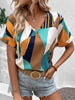 Geometric Pattern Printed V-Neck Short Sleeve Blouse For Women’s Smart-Casual Looks