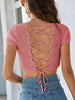 Women Fashion Lace-Up Openwork Square Neck Lightweight Sweater