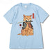 Summer Casual Round Neck Short Sleeve T-Shirt with Cute Printed Cat Design