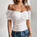 Women’s One-Shoulder Lace Slim Top with Hollow-Out Design and Navel Exposure for Evening Wear